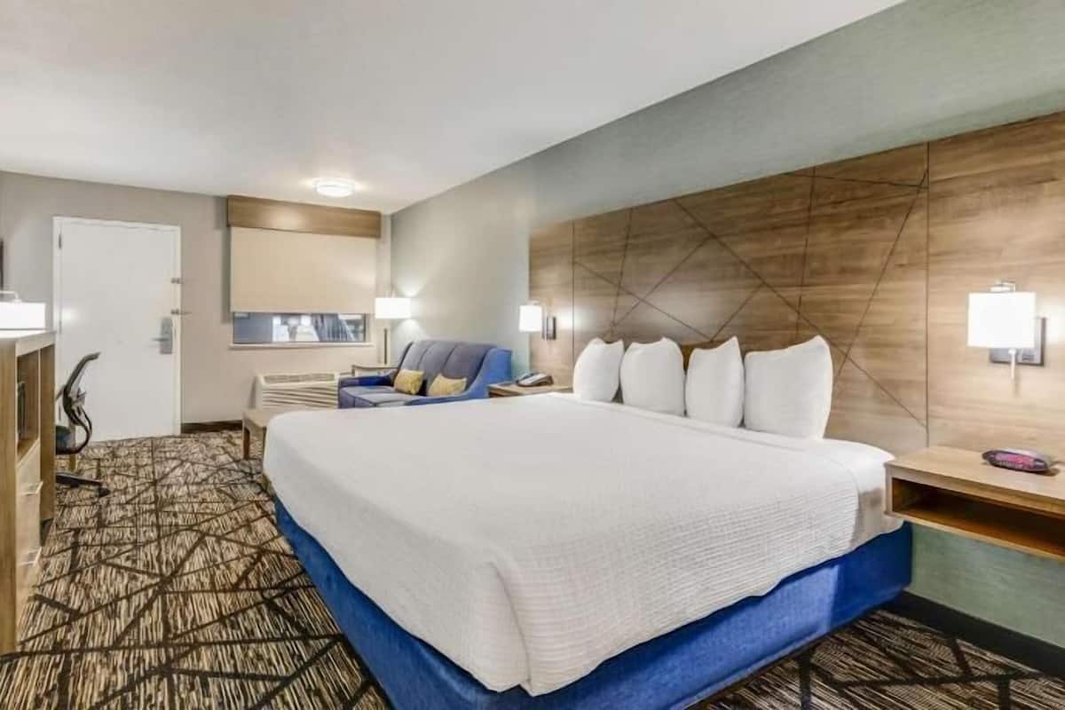 A hotel room with a large bed, a desk, a chair, a sofa, and a TV.