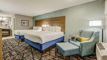 Premium bedding, desk, laptop workspace, iron/ironing board