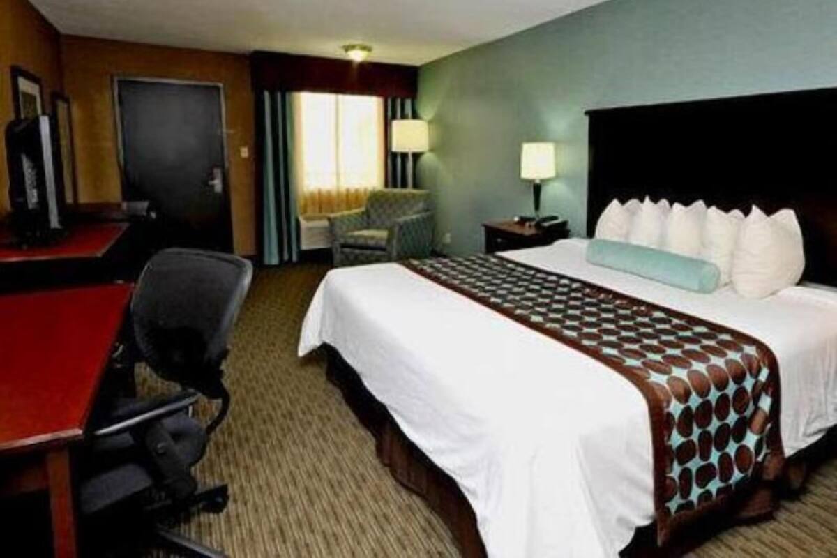 A hotel room with a bed, a desk, a chair, a lamp, and a television.