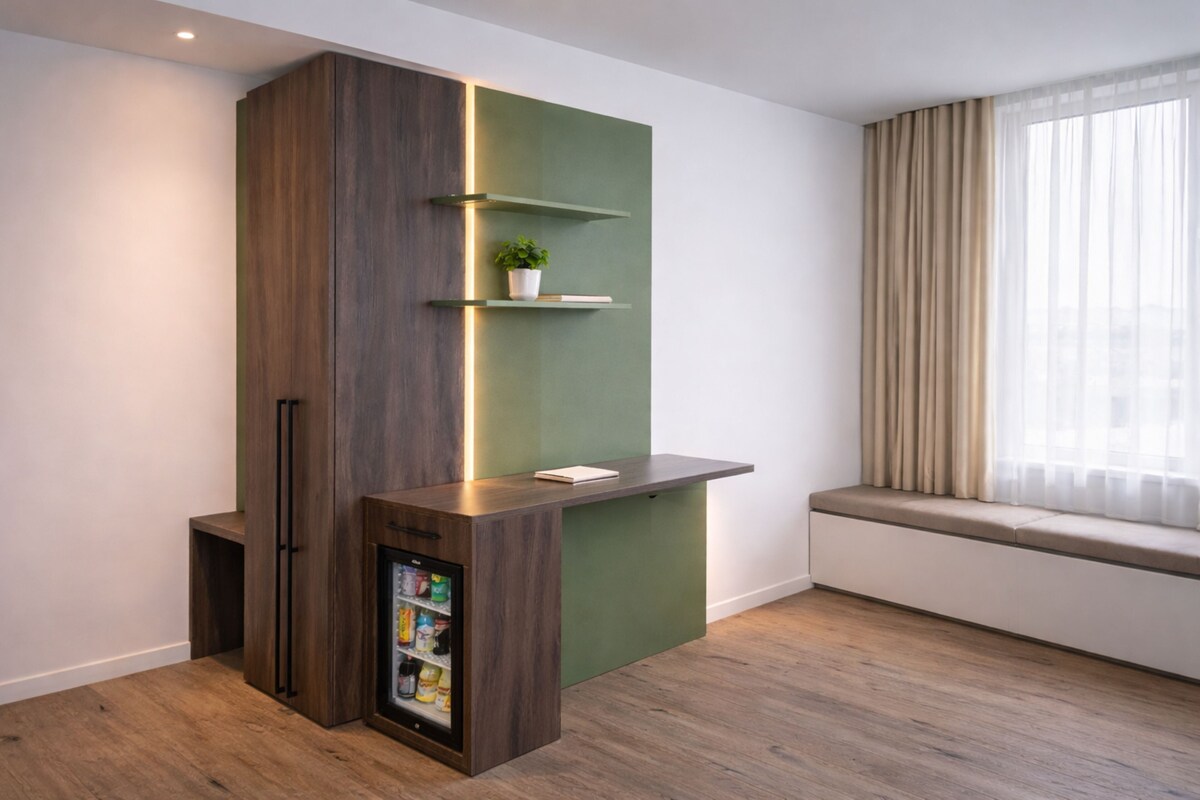 Una habitación moderna con un armario empotrado de madera, una planta pequeña en una estantería y una ventana con cortinas.