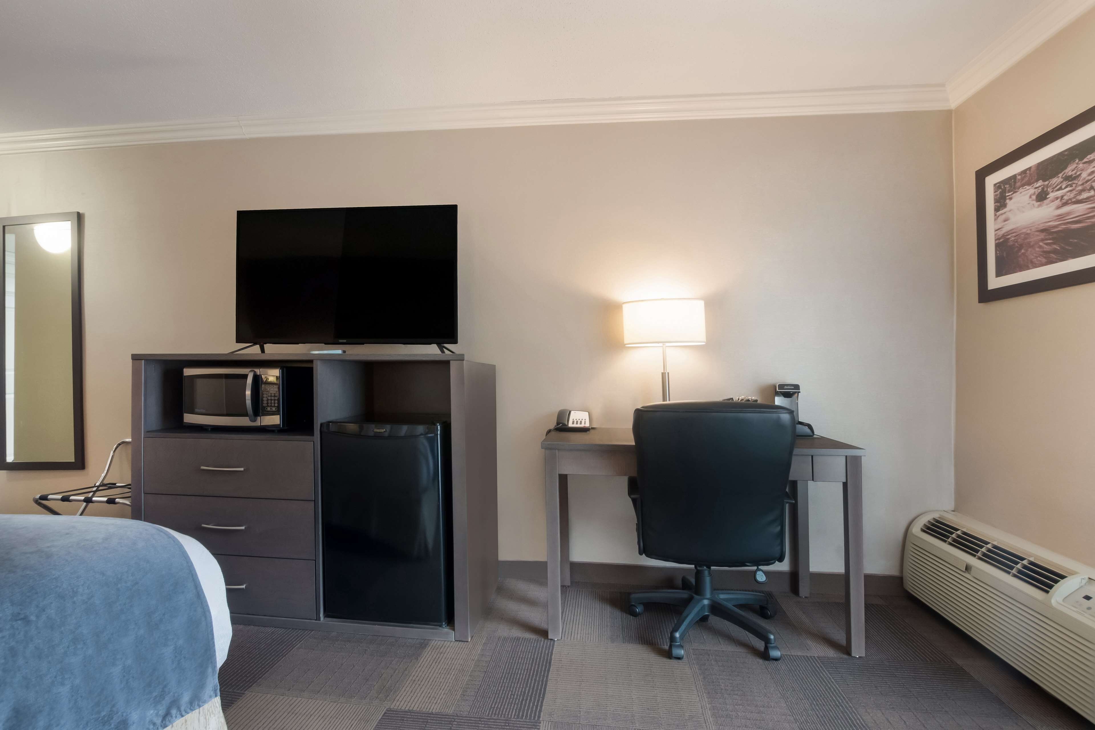 Una habitación de hotel con una cama, un escritorio con silla, televisión, microondas, calentador y lámpara.