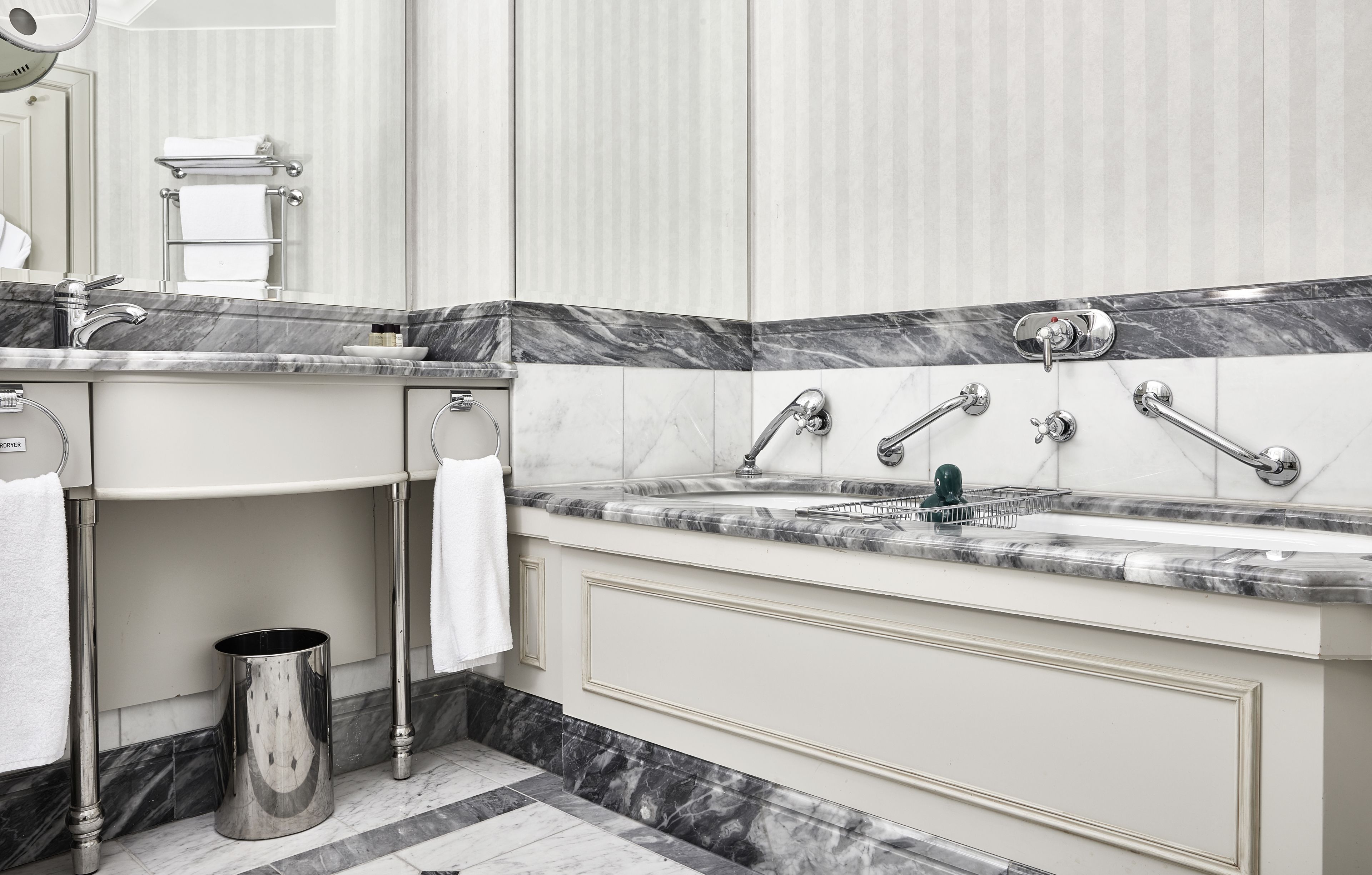 combined shower/bathtub, free toiletries, hair dryer, bathrobes