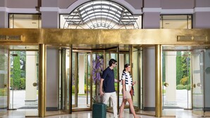 A revolving door with a gold finish and glass panels, leading to a lobby area with a modern design and a view of greenery outside. - Hyatt Regency Thessaloniki (Thermi)