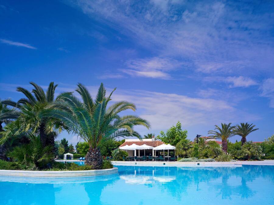 A swimming pool surrounded by palm trees and a building with a tiled roof.