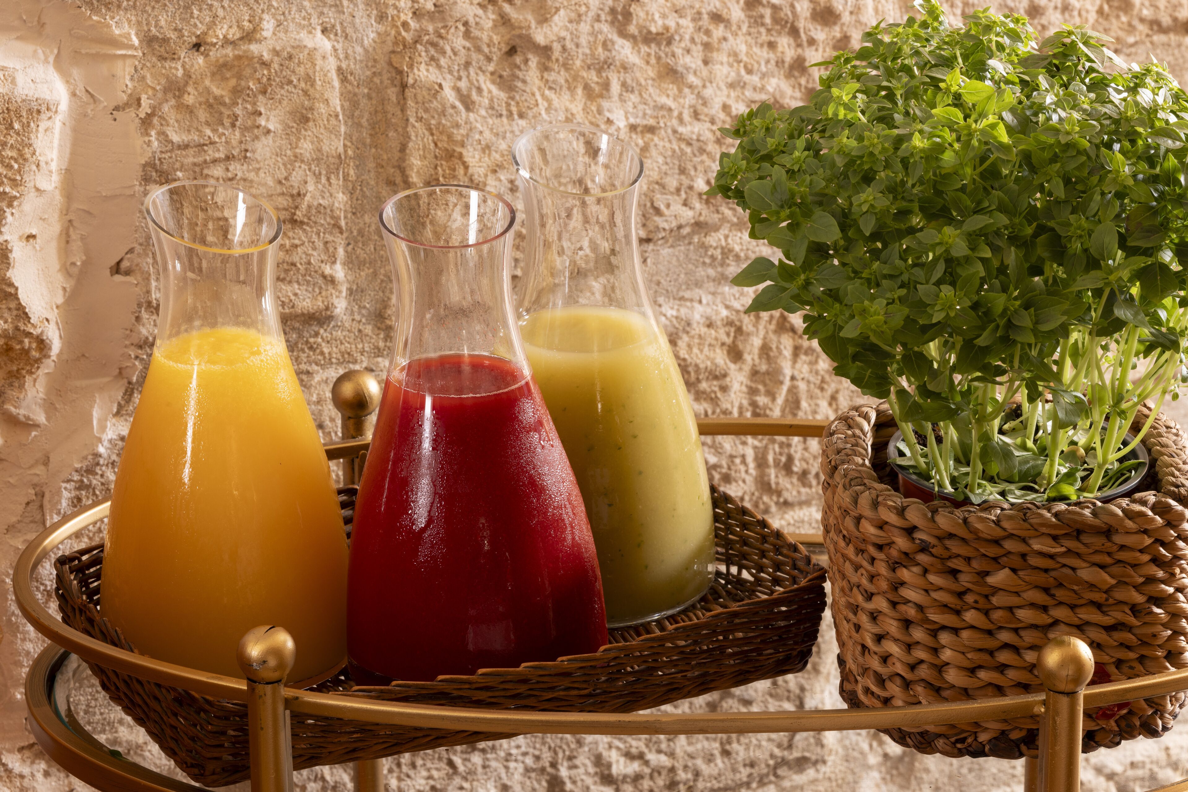 Un plateau contenant trois bouteilles en verre remplies de liquides orange, rouge et jaune, ainsi qu’une plante en pot.