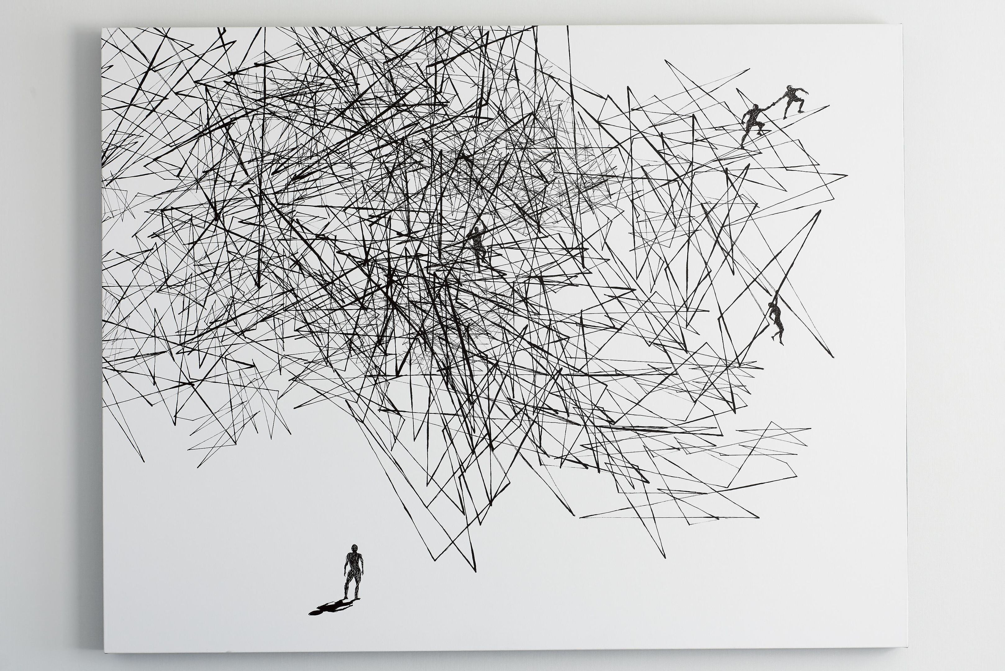 A complex abstract artwork with intersecting lines and figures.