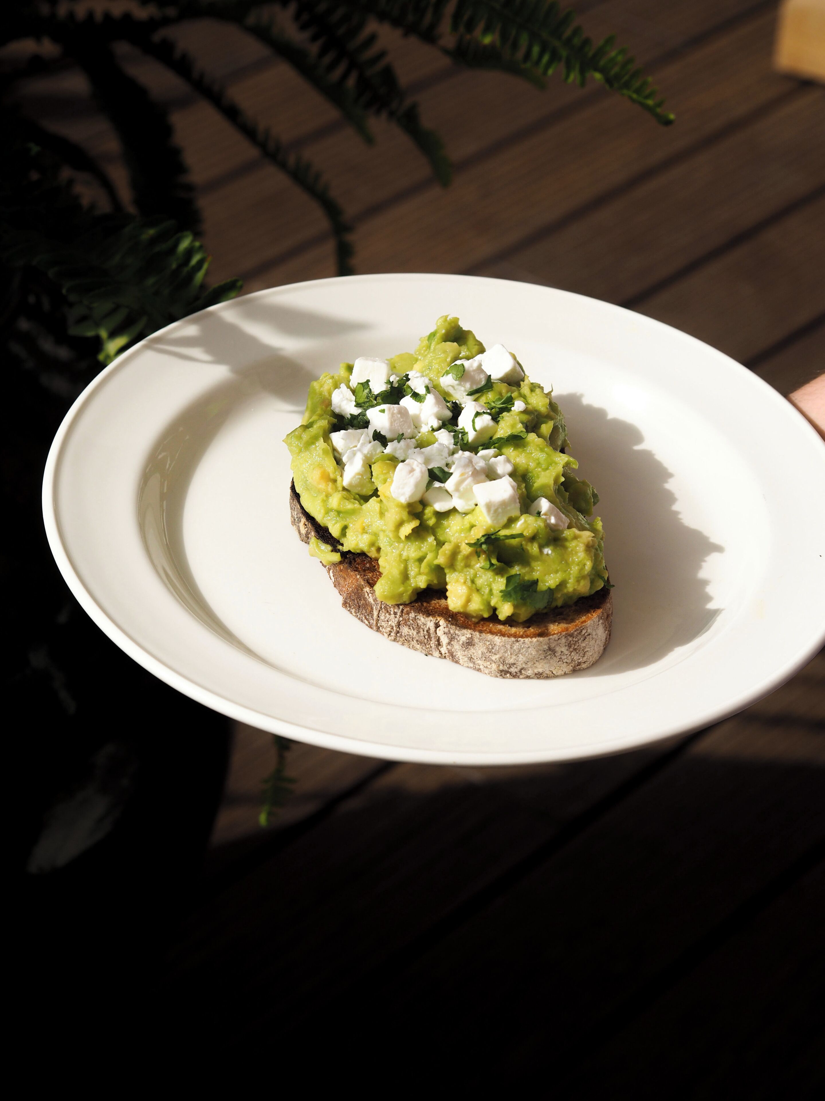 A white plate with a slice of toast topped with avocado and feta cheese, held by a person.
