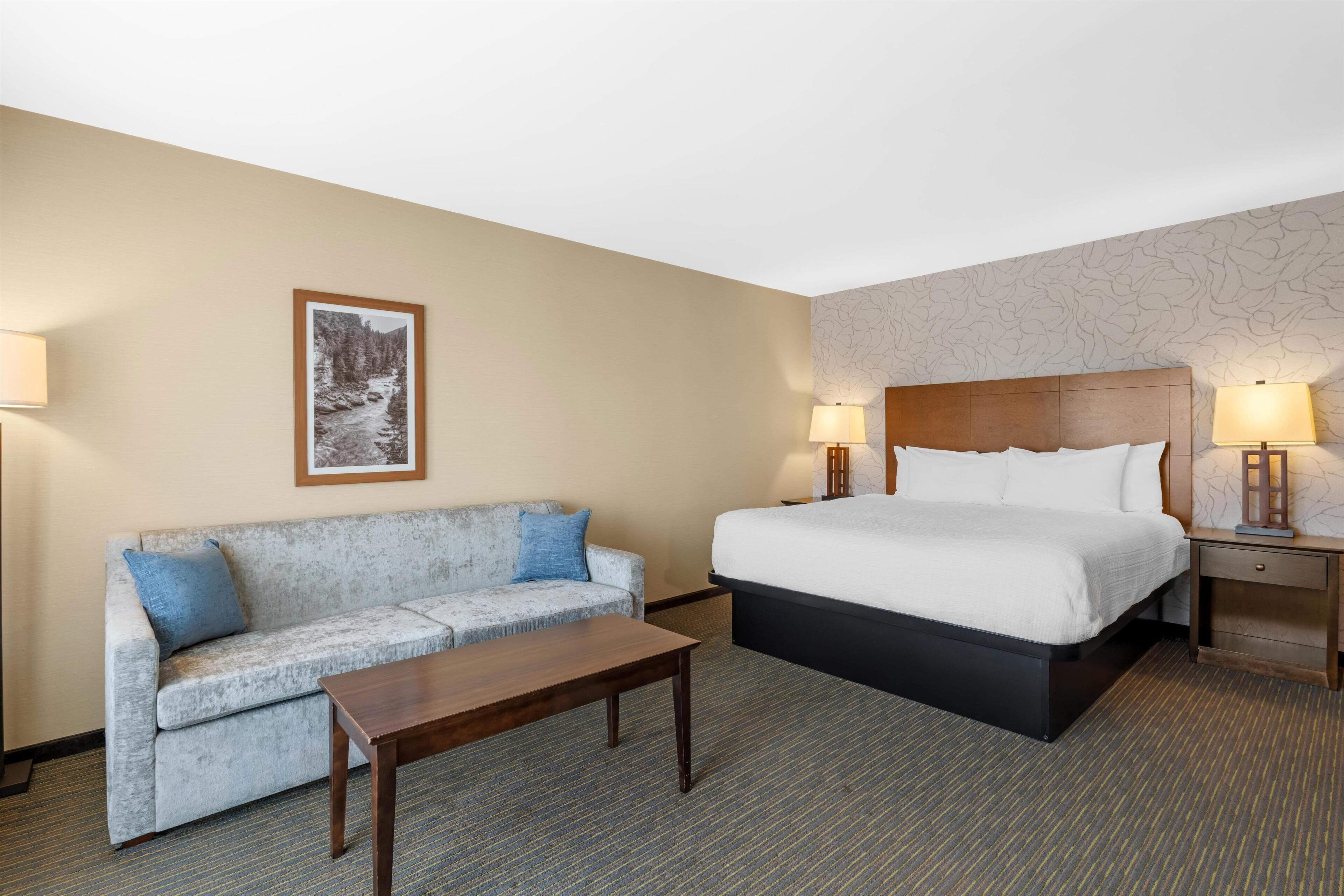 Una habitación de hotel con cama, sofá, mesa y un cuadro en la pared.