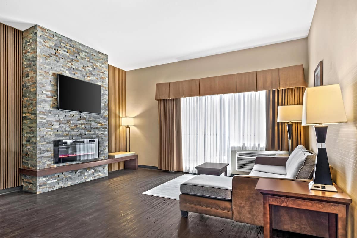 Una habitación de hotel moderna con chimenea de piedra, televisor de pantalla plana, sofá, mesa de centro y un amplio ventanal con cortinas.