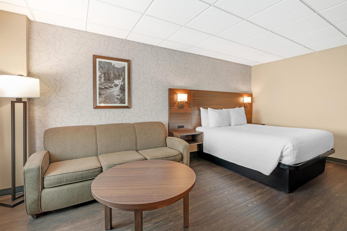 Una habitación de hotel con cama, sofá, una mesa redonda y una lámpara fijada a la pared.