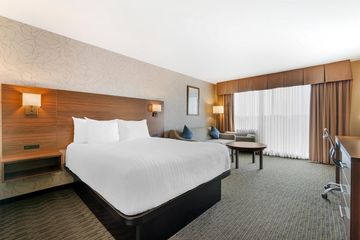 Una habitación de hotel con una cama grande, un escritorio, una silla, una lámpara y una ventana con cortinas.