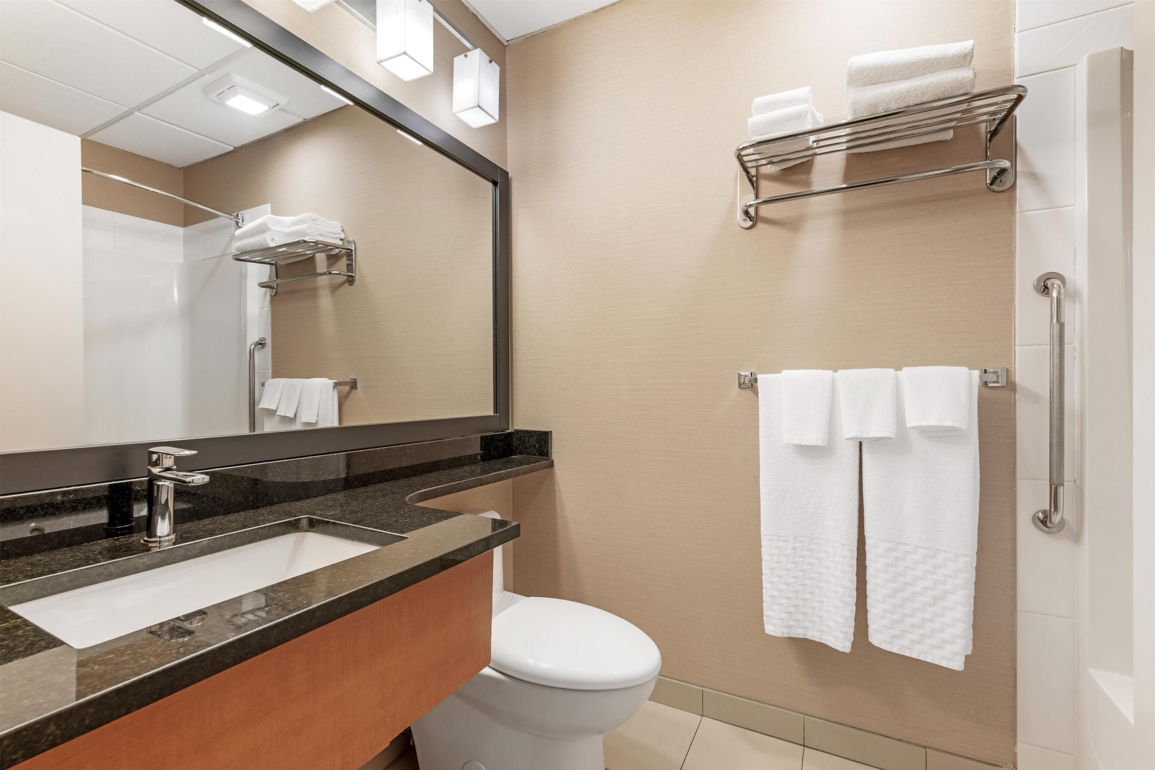 Un bagno con lavandino, WC, specchio, porta asciugamani e zona doccia.