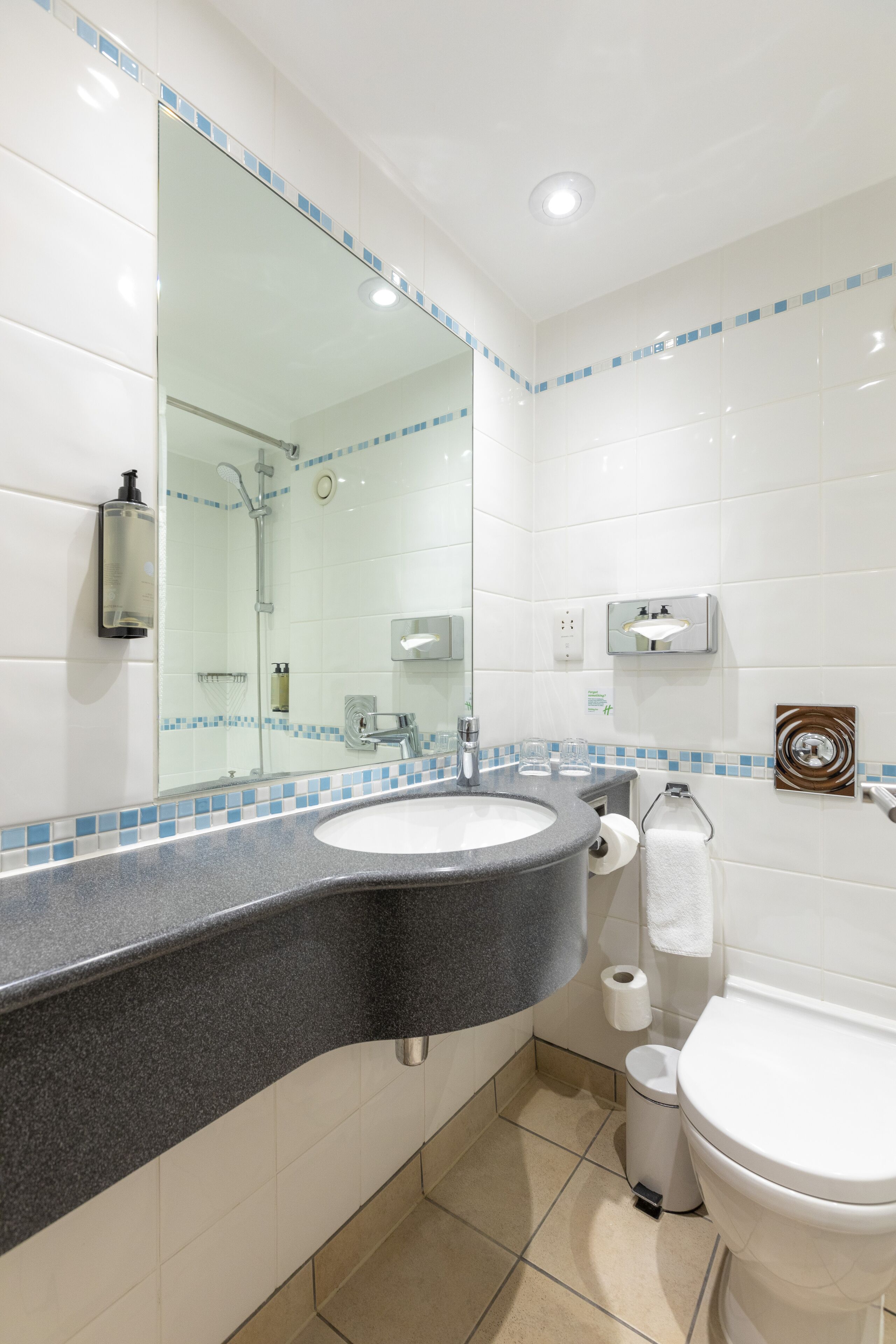 A modern bathroom with a granite countertop sink, a large mirror, a toilet, and a trash can.
