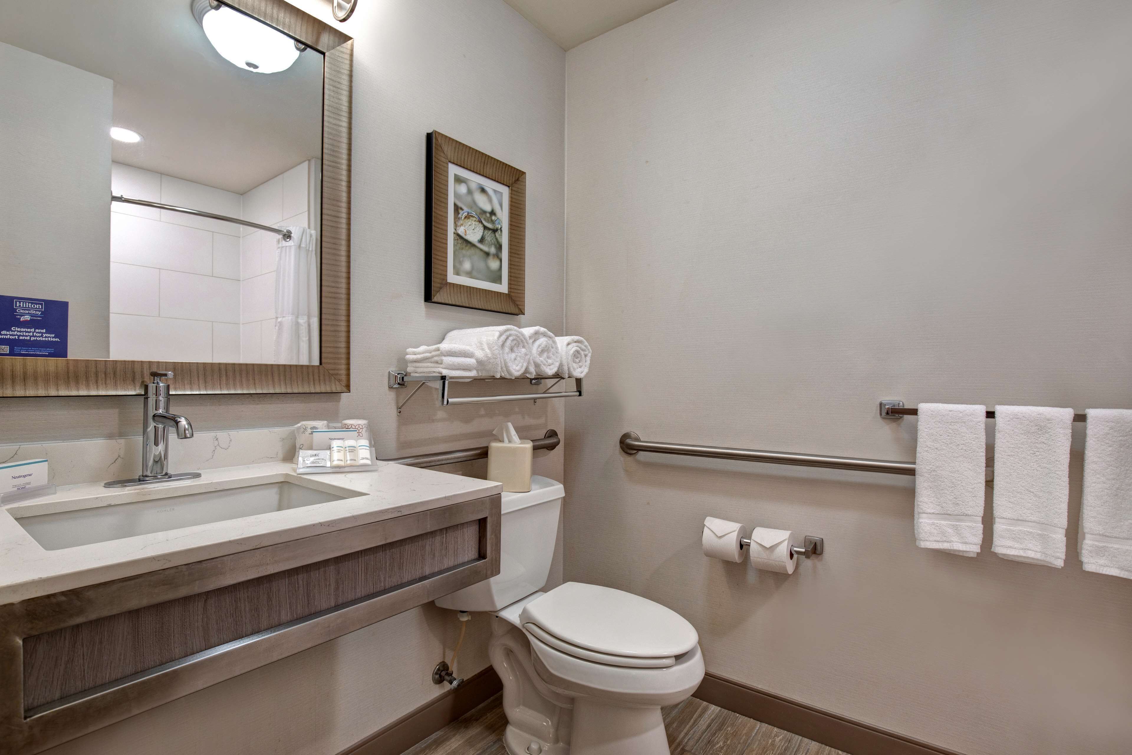 A bathroom with a sink, toilet, and handrails.