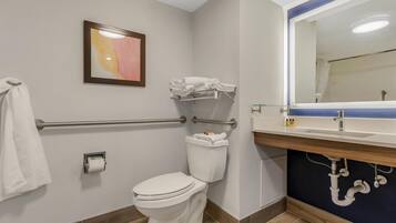 A modern bathroom with a toilet, handrails, a towel rack, a sink, and a mirror.