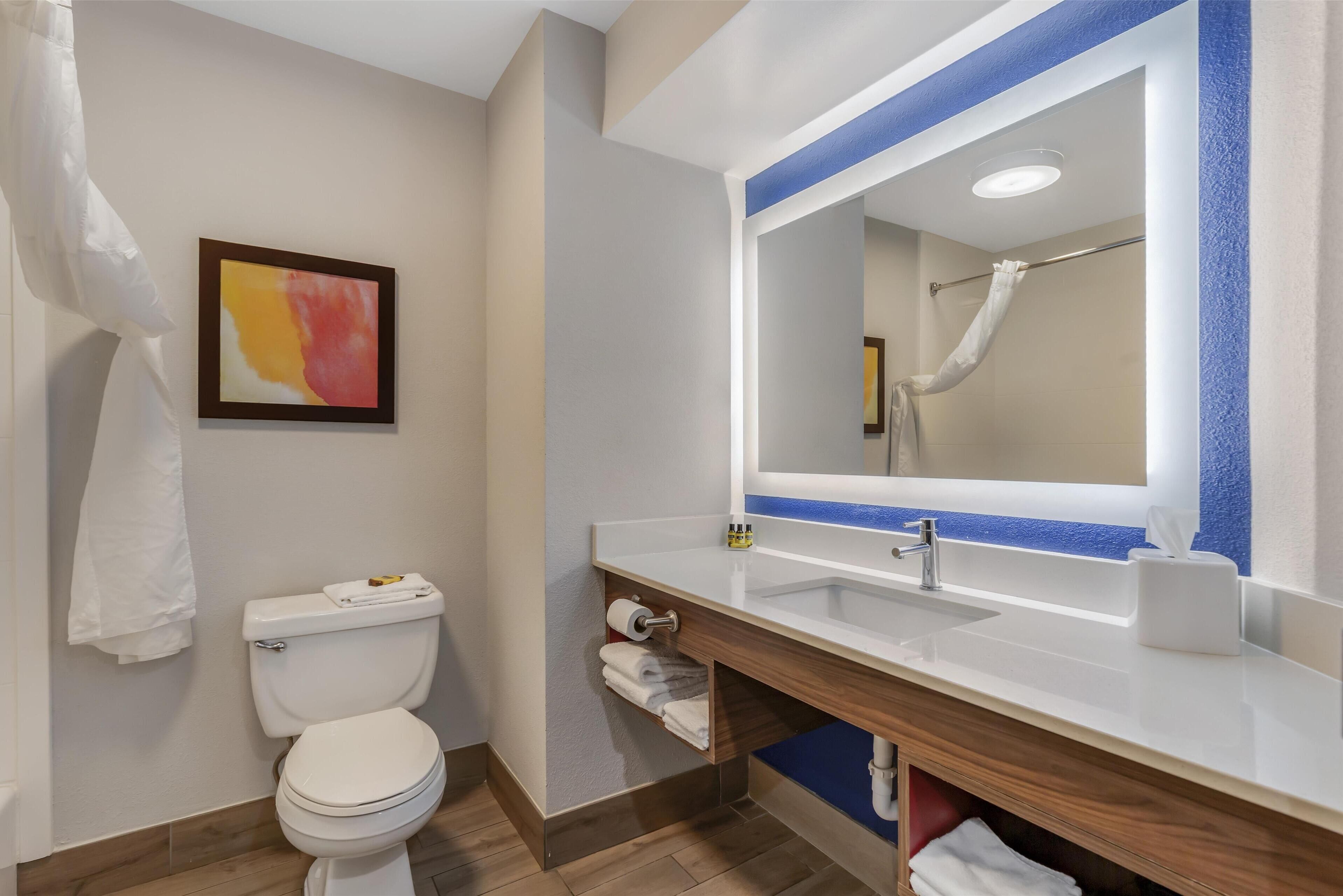 combined shower/bathtub, free toiletries, hair dryer, towels