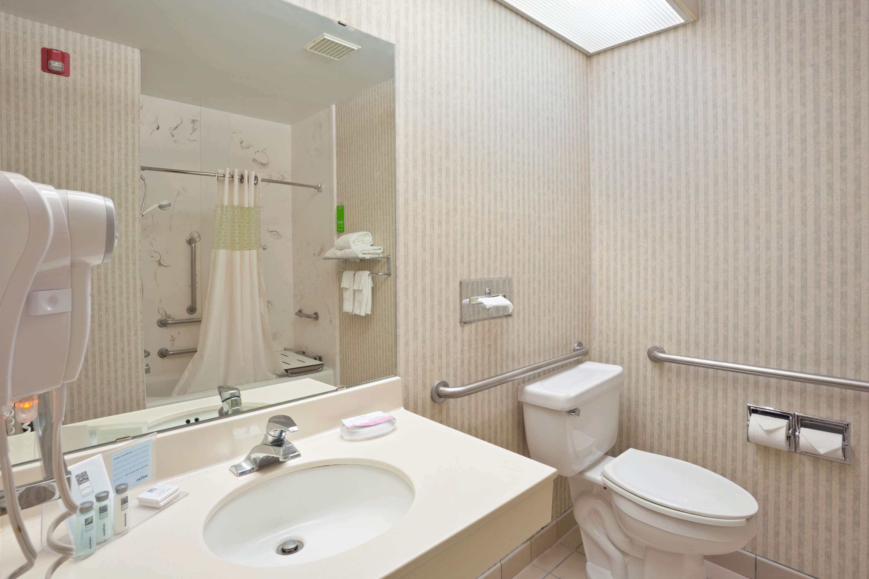 A bathroom with a sink, mirror, toilet, and handrails.