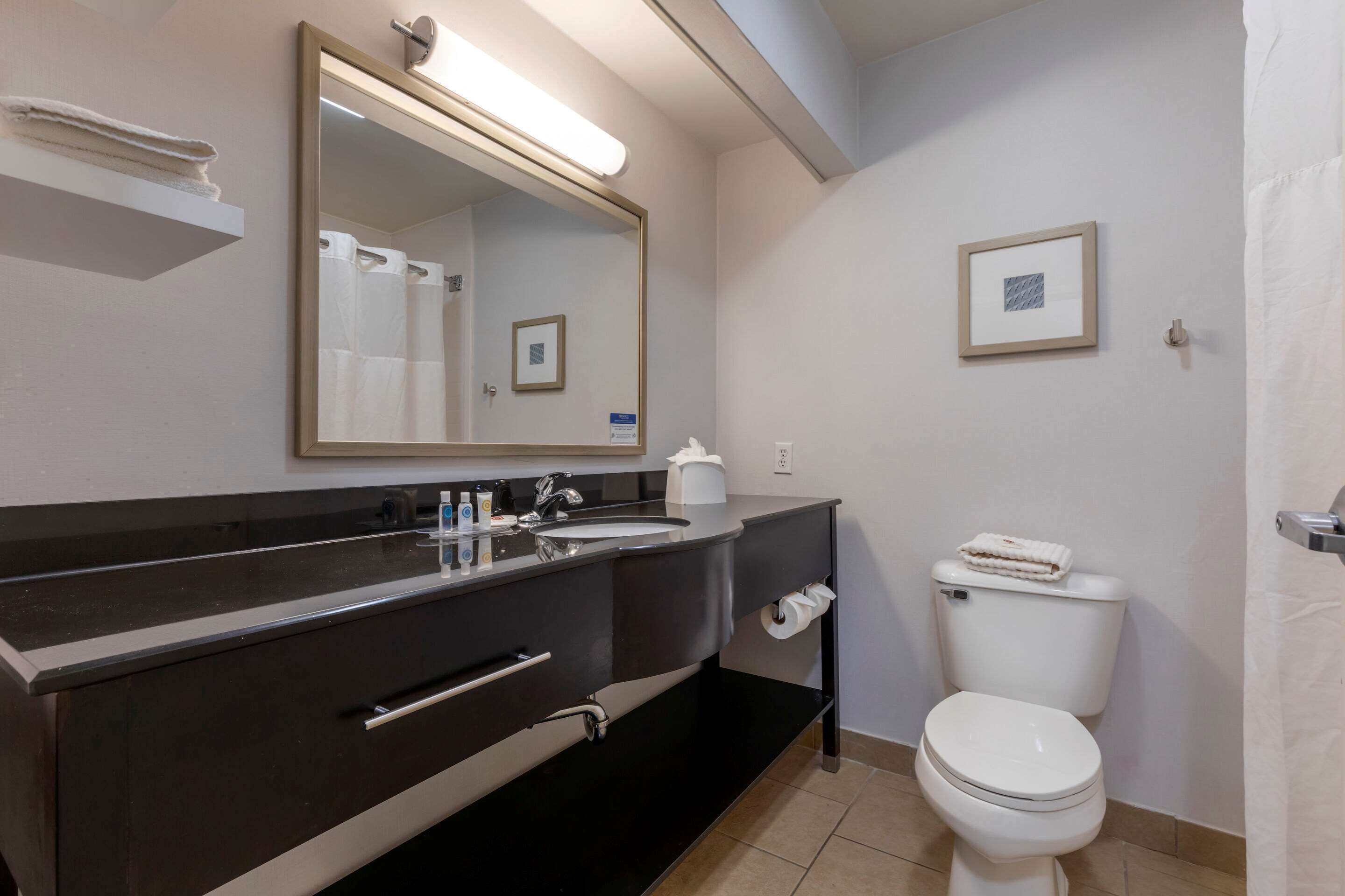 Un baño moderno con tocador negro, inodoro blanco y un espejo grande.