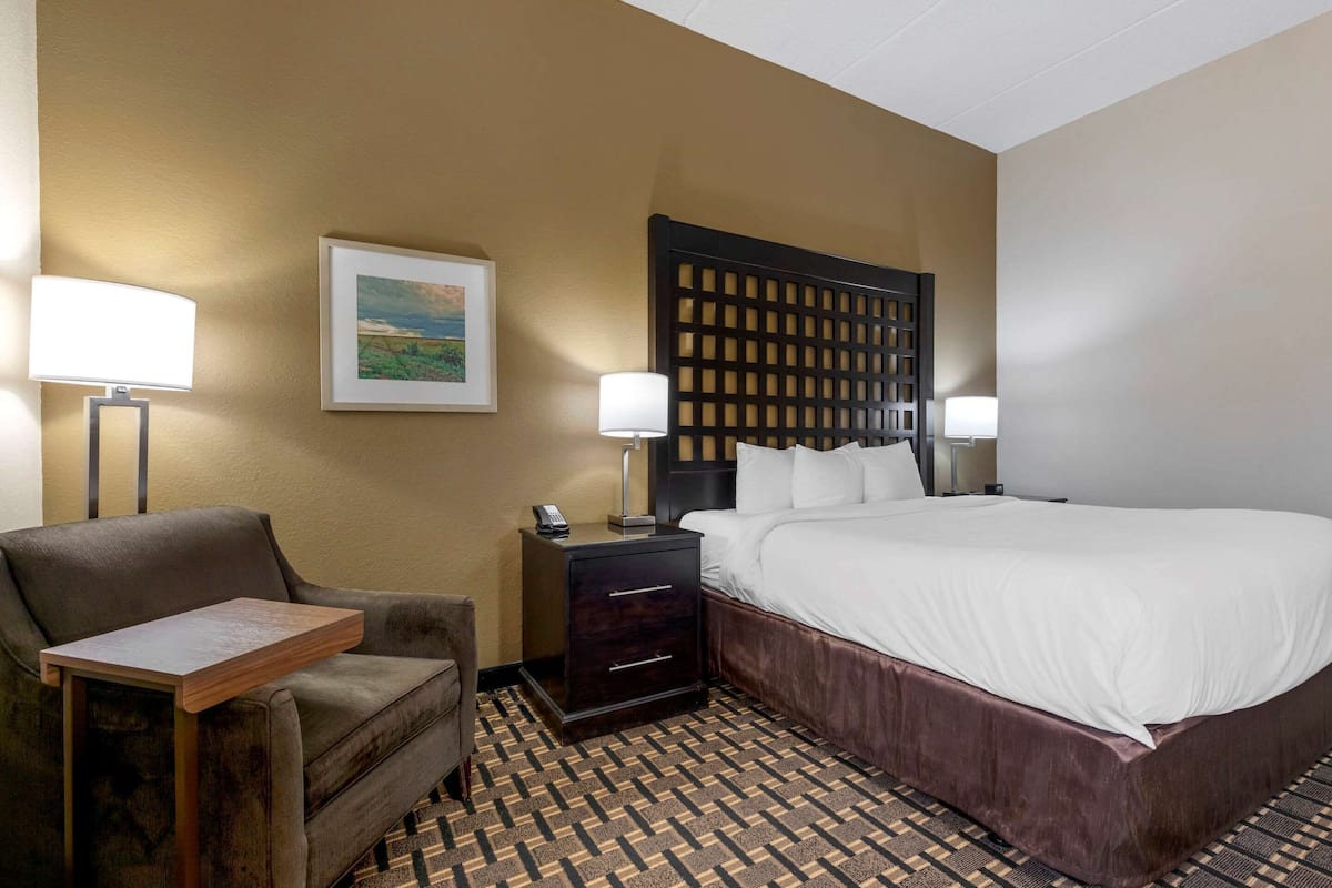 A hotel room with a bed, a desk, a chair, a nightstand, and a wall-mounted lamp.
