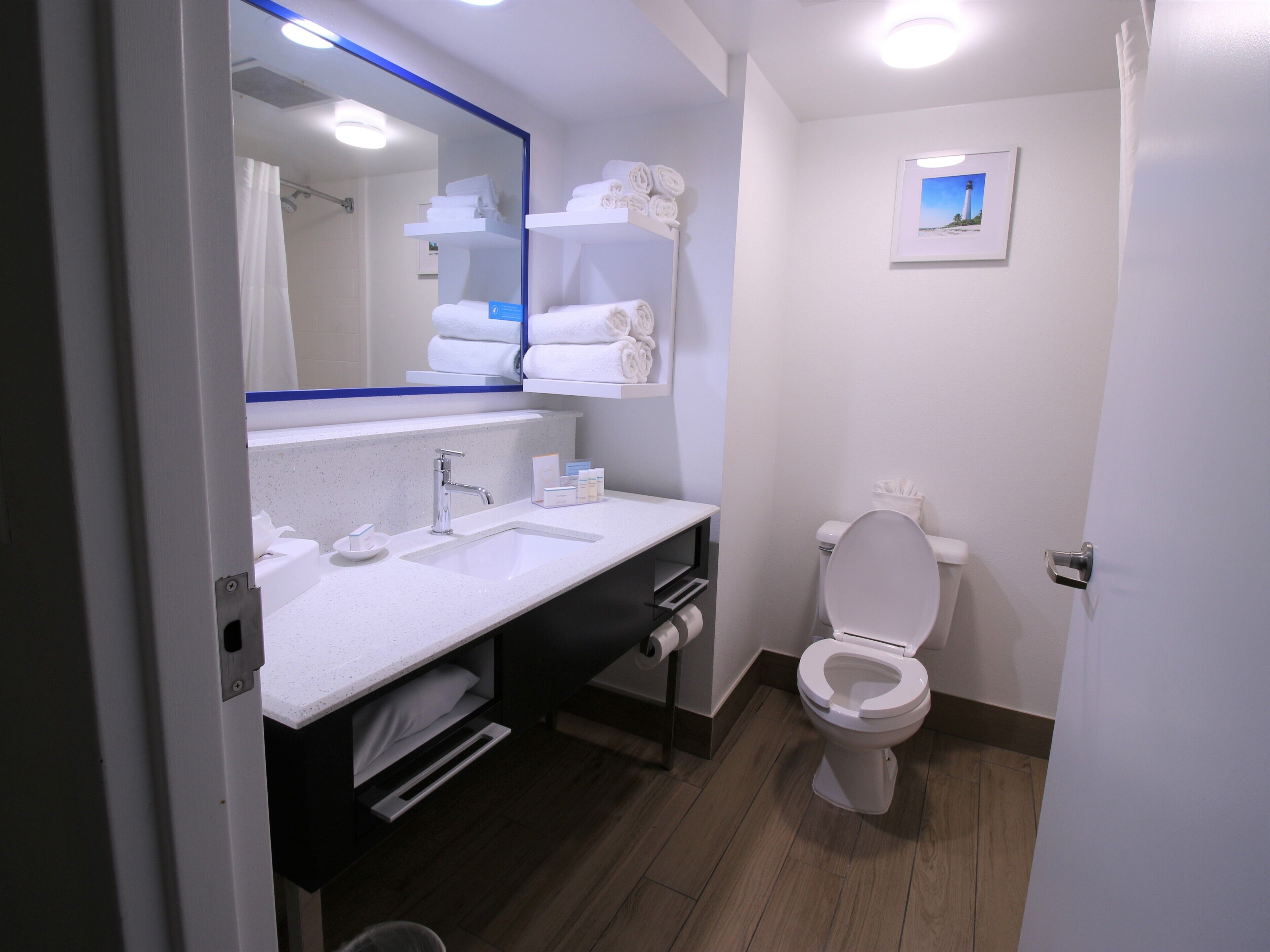 combined shower/bathtub, free toiletries, hair dryer, towels