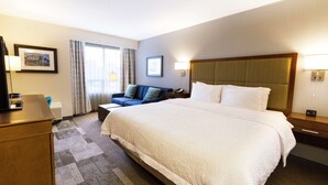 Una habitación de hotel con una cama grande, un sofá, un escritorio y una lámpara.