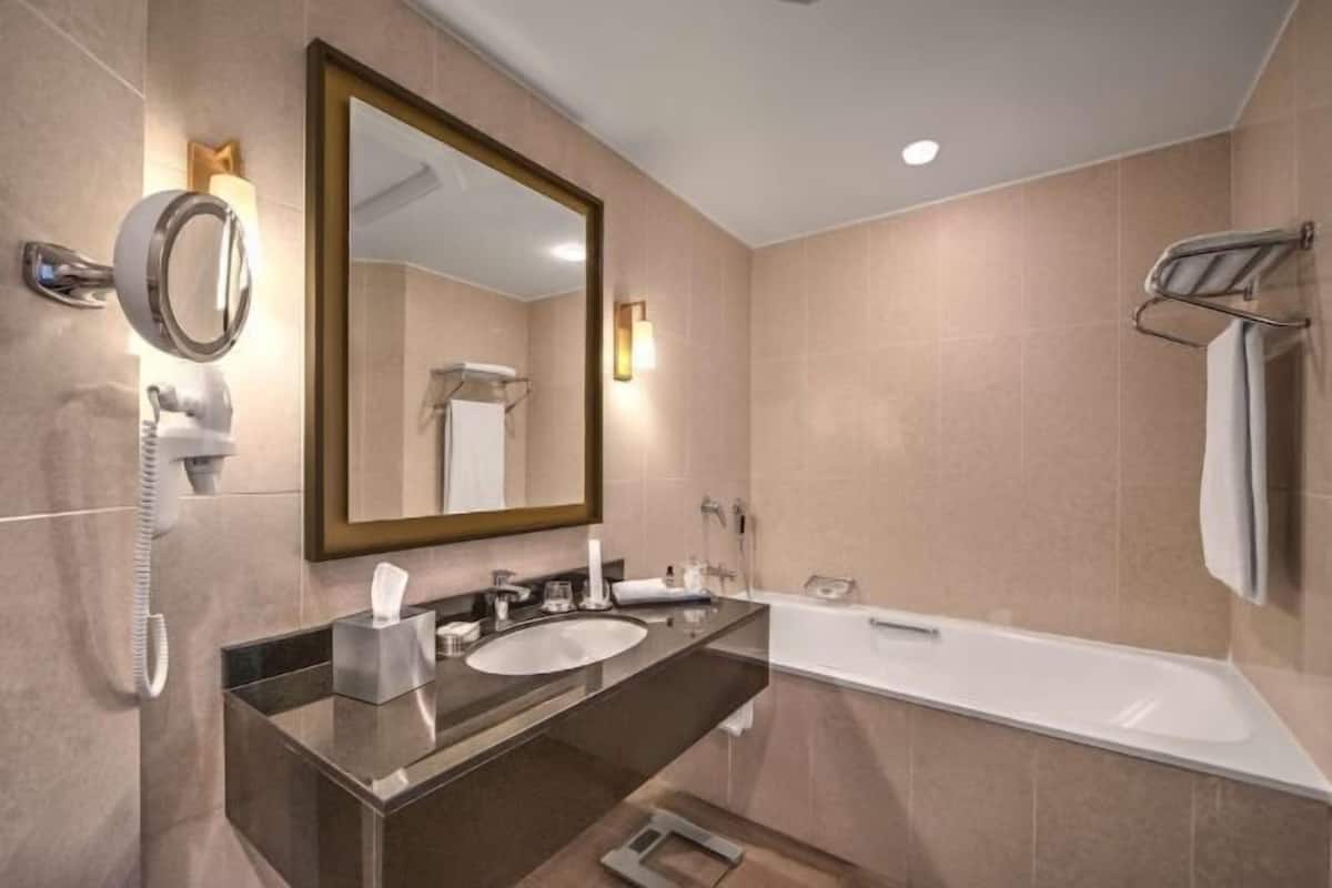Bathroom | Separate bathtub and shower, designer toiletries, hair dryer, bathrobes