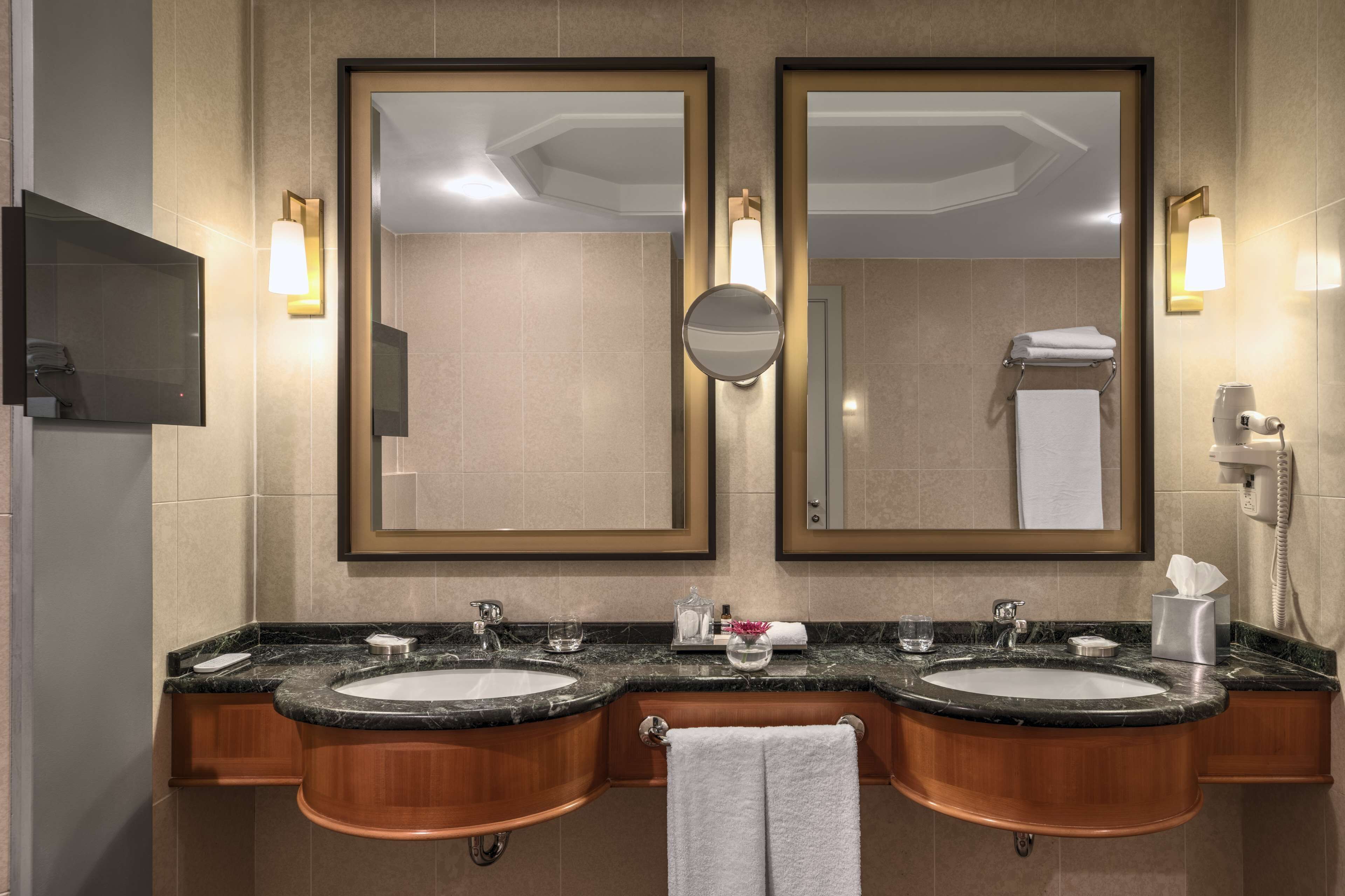 separate bathtub and shower, designer toiletries, hair dryer, bathrobes