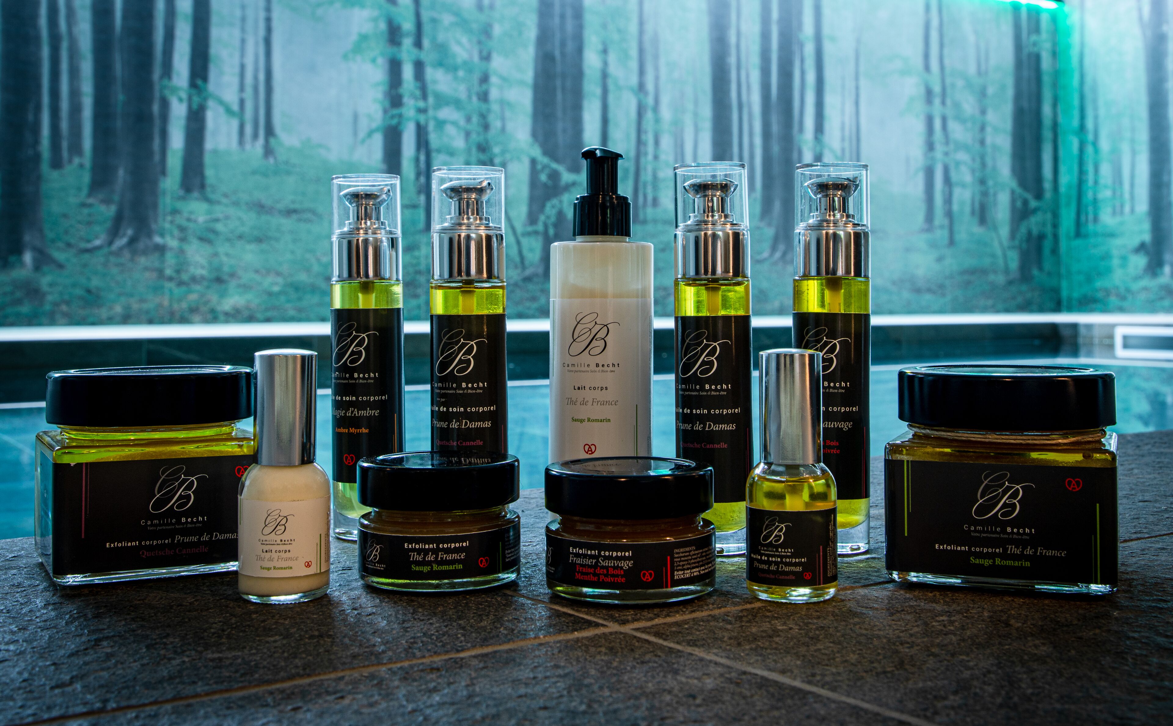 A collection of skincare products arranged on a stone surface with a forest view in the background.