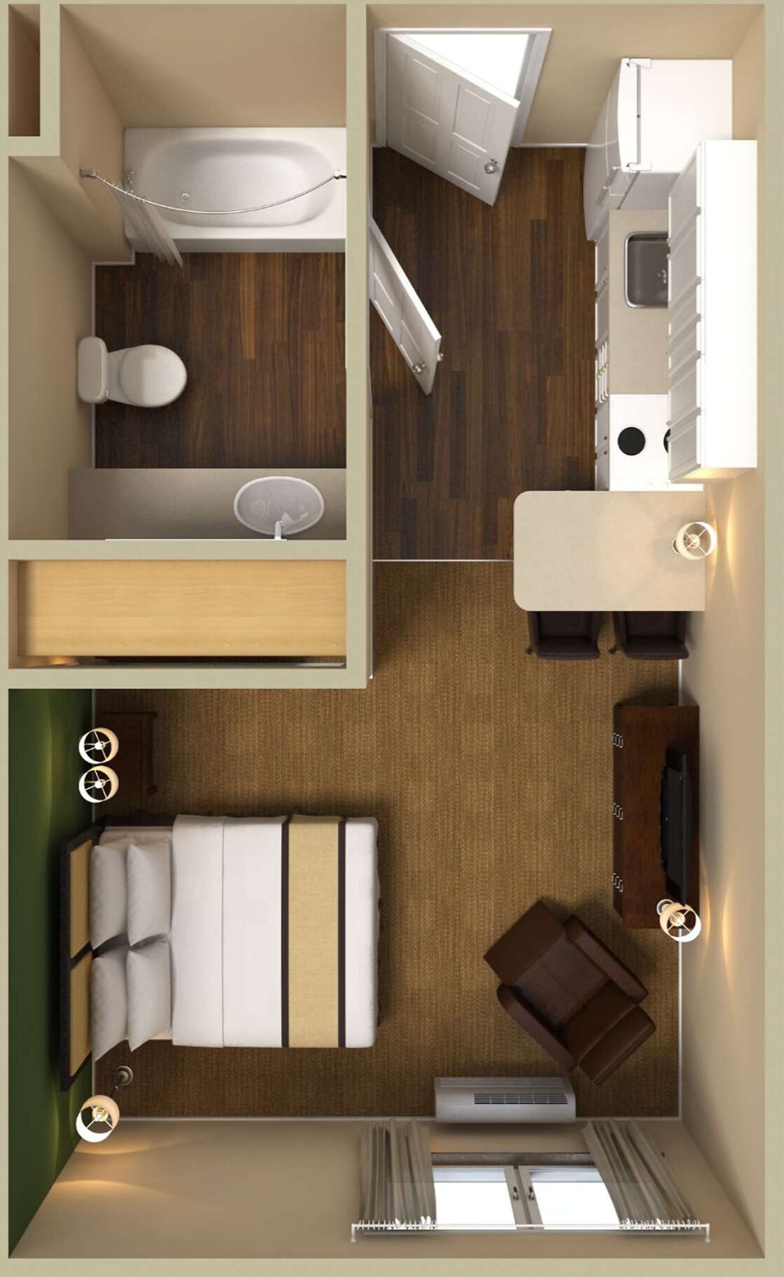 Desk, laptop workspace, free WiFi, bed sheets
