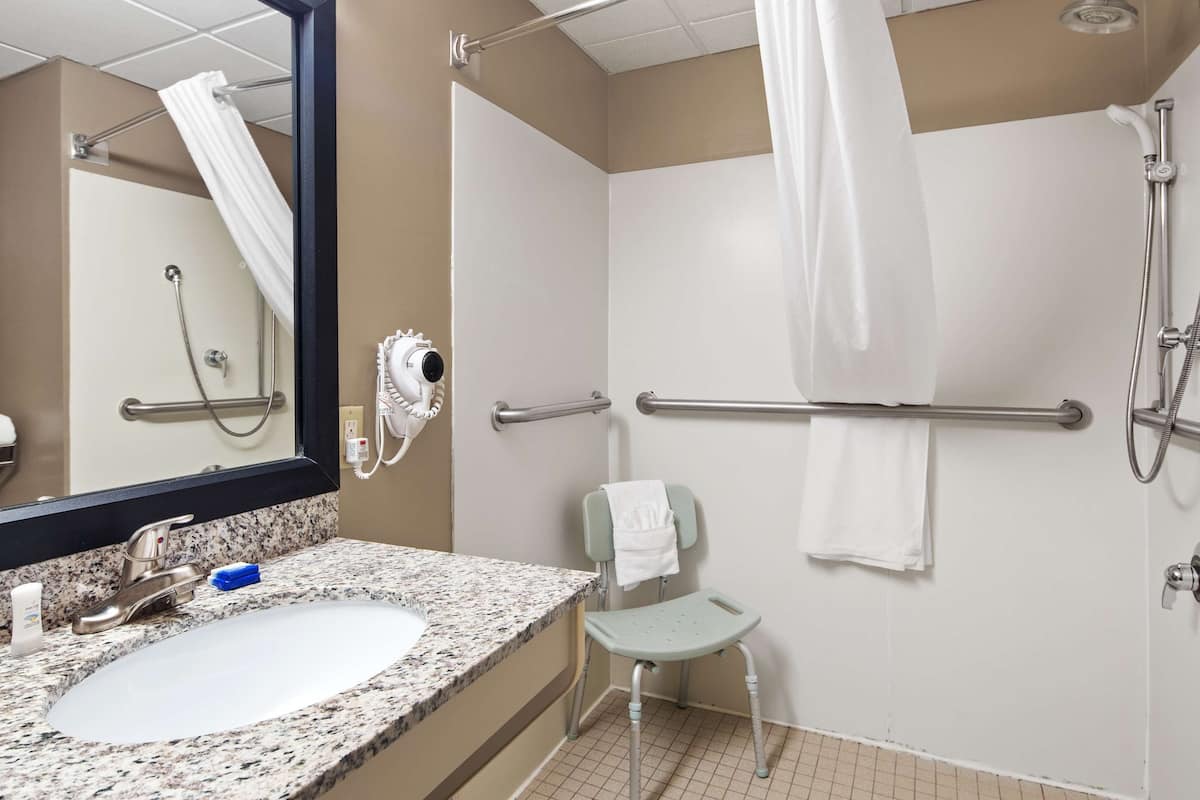standard room, 1 king bed, accessible, non smoking | bathroom | combined shower/bathtub, free toiletries, hair dryer, towels