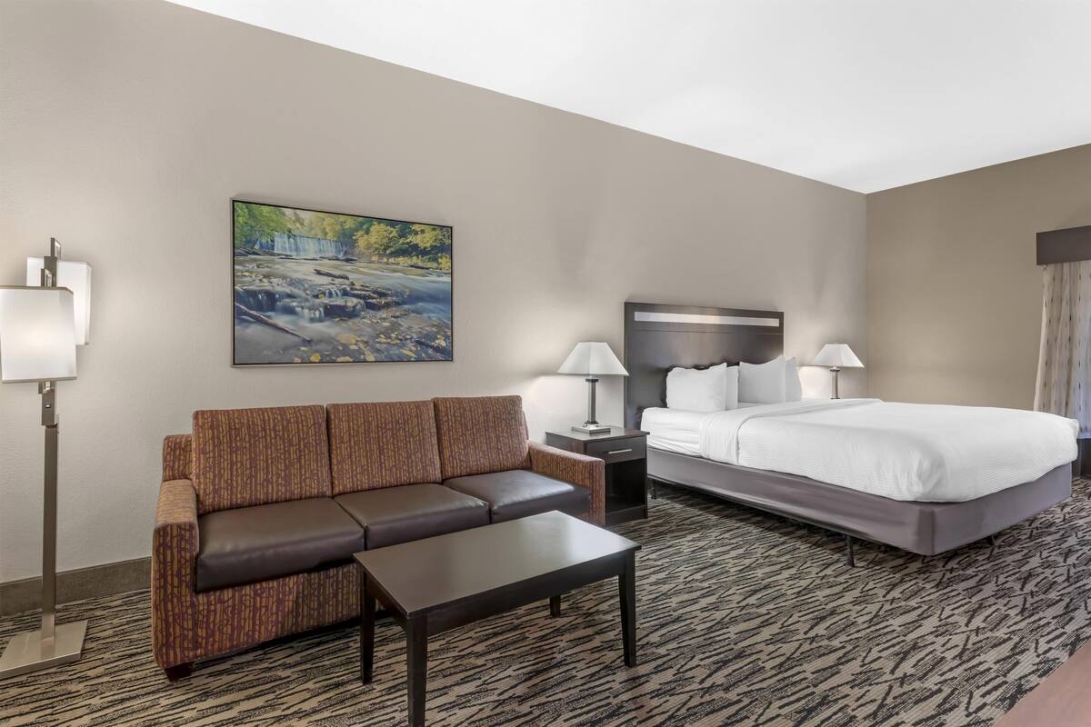 A hotel room with a large bed, a sofa, a small table, a nightstand, two lamps, and a painting of a waterfall.