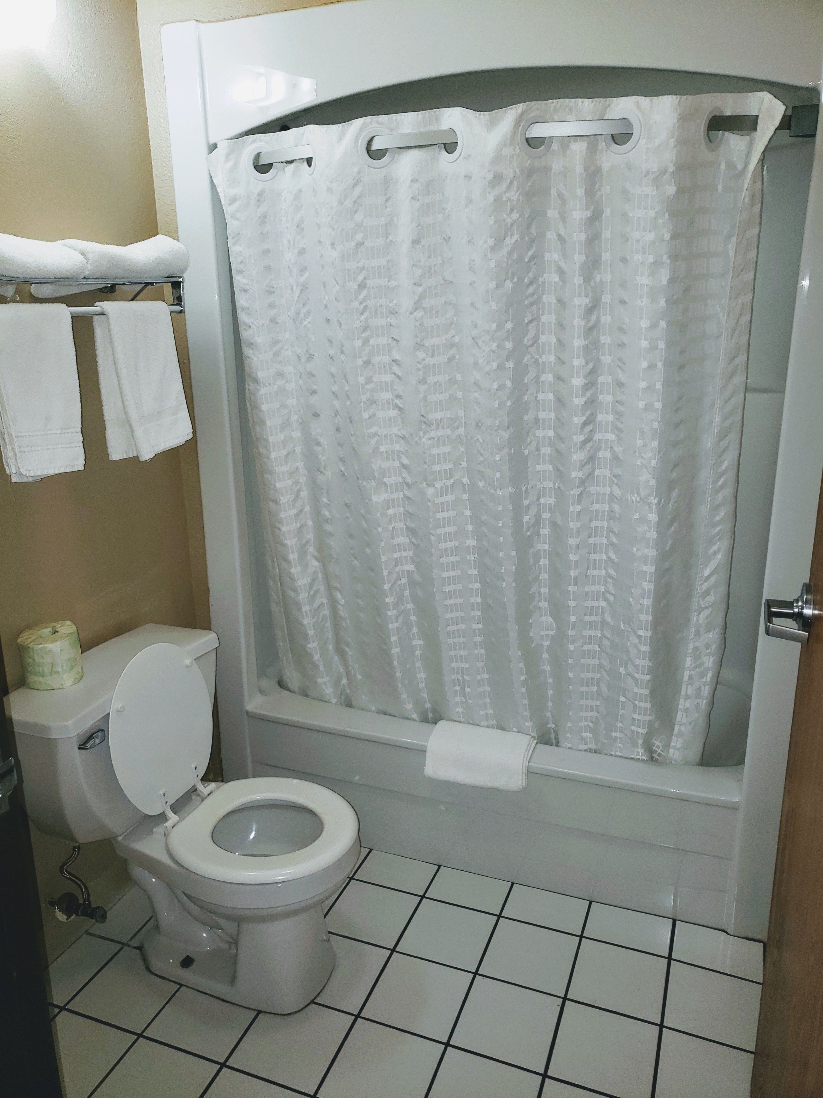 A bathroom with a toilet, a shower curtain, and a towel rack with towels.