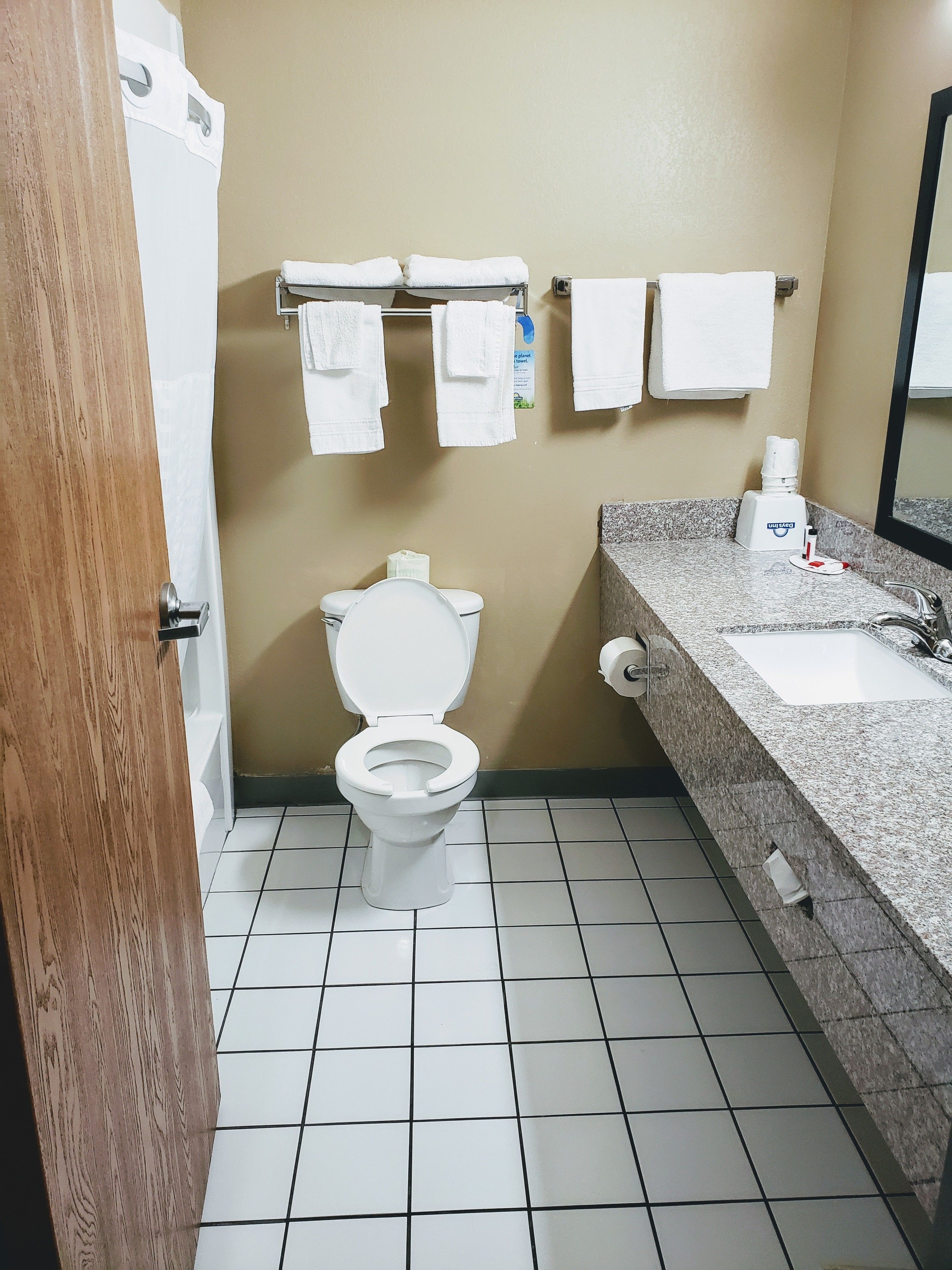 Une salle de bain avec des toilettes, un lavabo et un miroir. Des serviettes sont accrochées au mur.