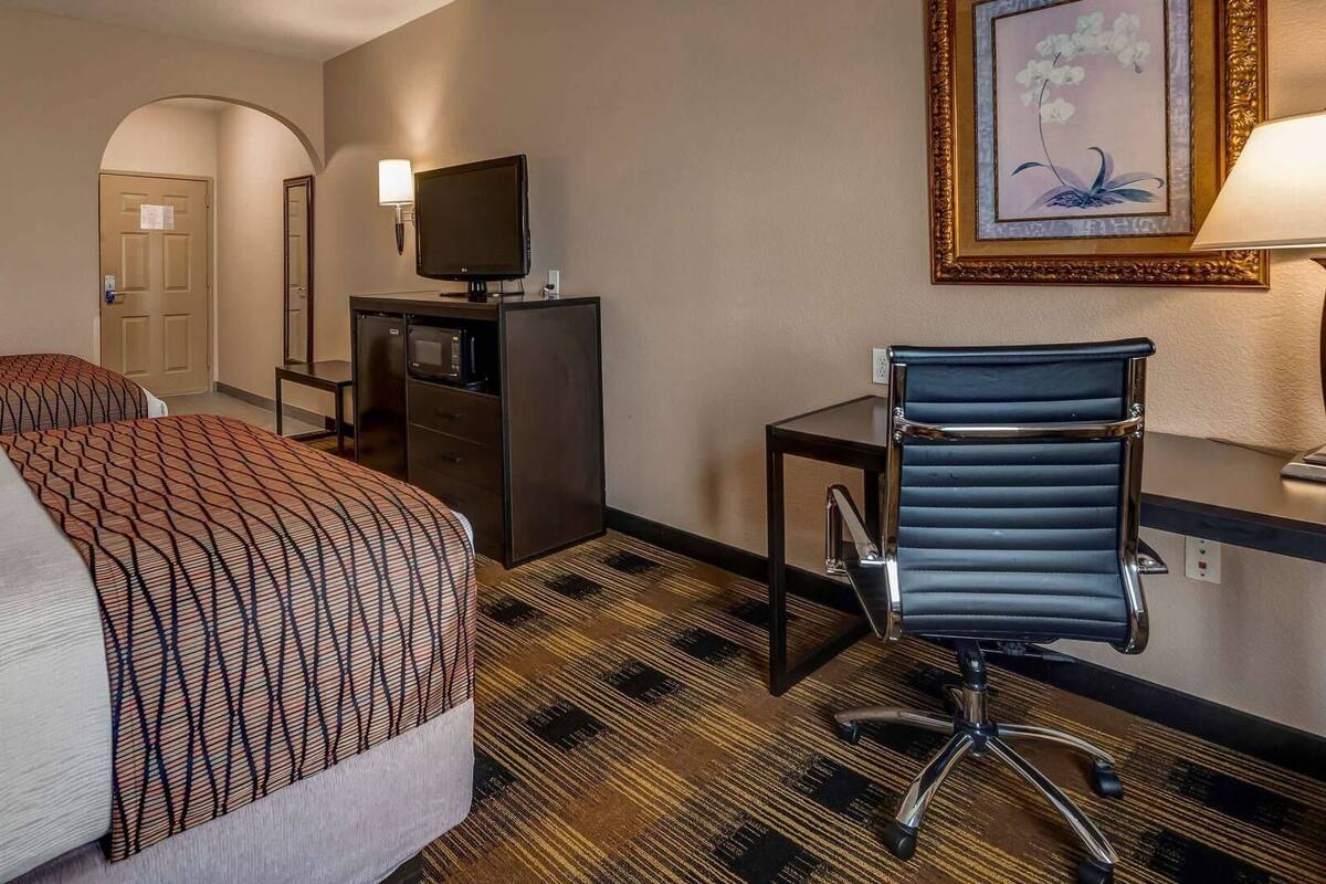 A hotel room with two beds, a desk with a chair, a television, and a framed picture on the wall.