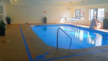 Indoor pool, open 10:00 AM to 10 PM, pool loungers