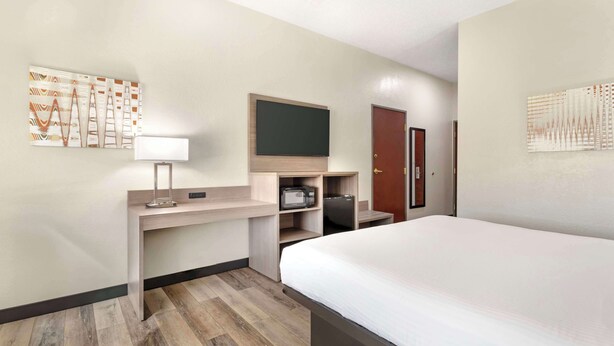 Habitación de hotel con cama, escritorio con lámpara, televisor de pantalla plana, microondas y armario.