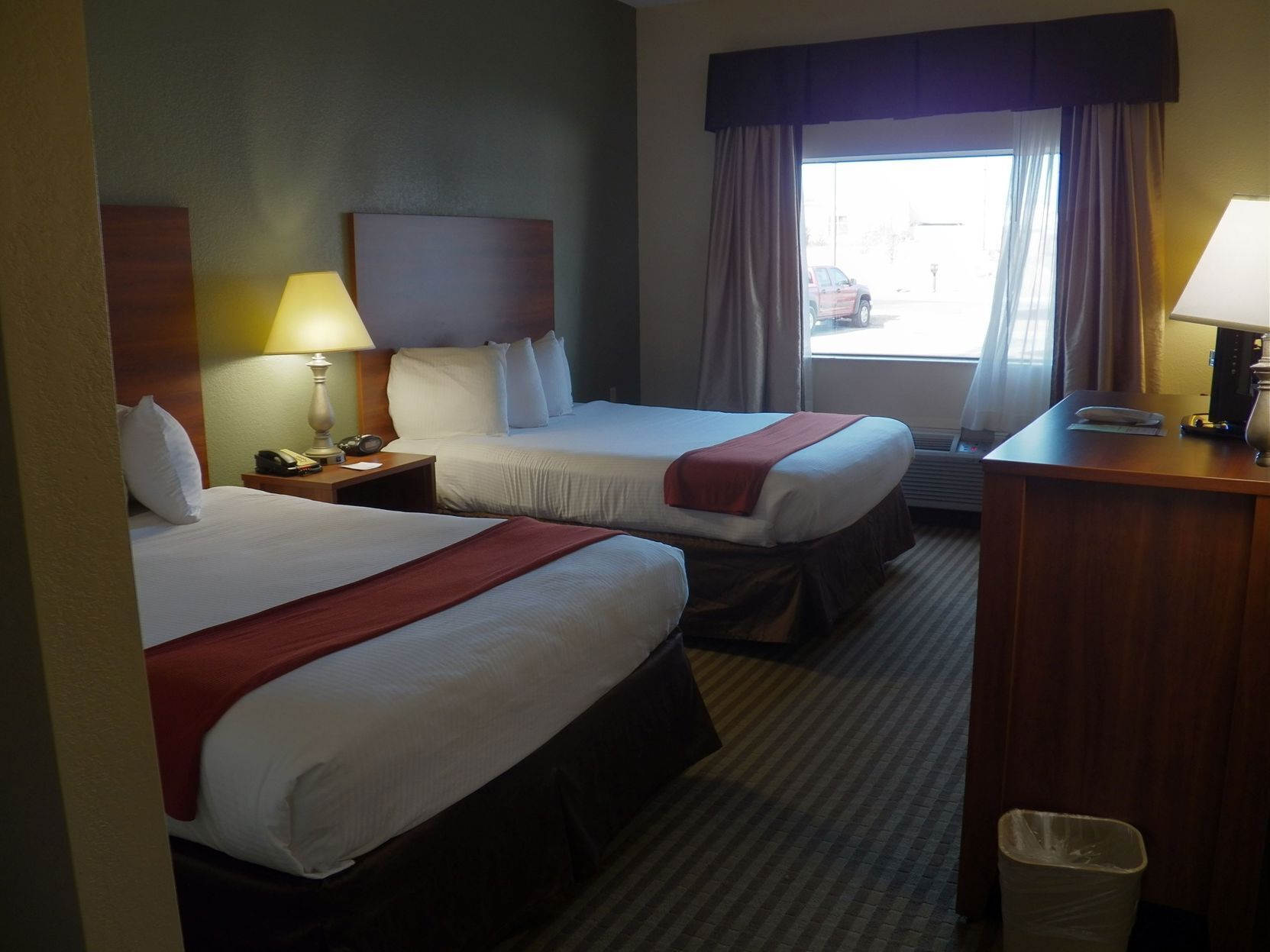 Desk, blackout curtains, soundproofing, iron/ironing board