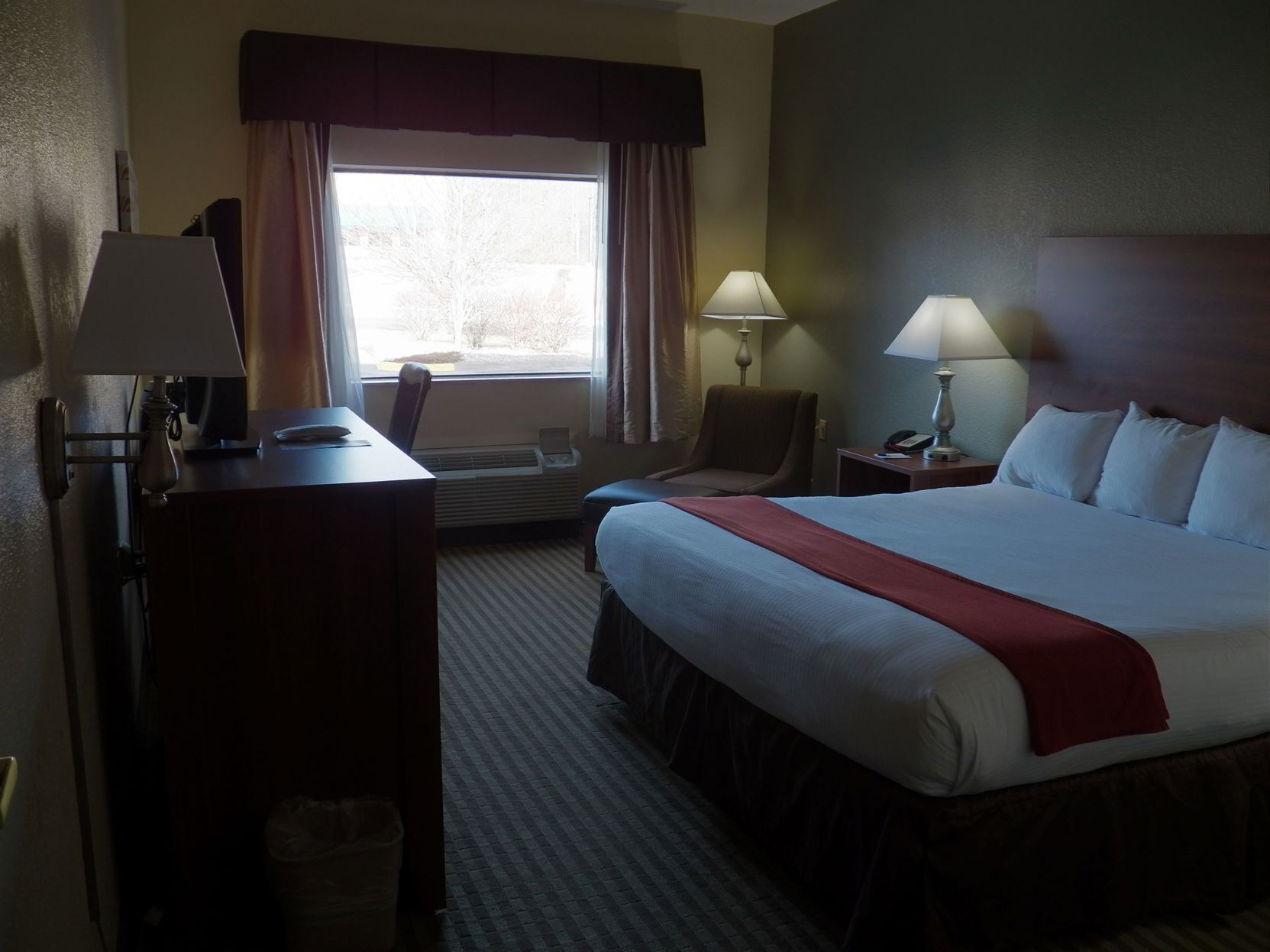 Desk, blackout curtains, soundproofing, iron/ironing board