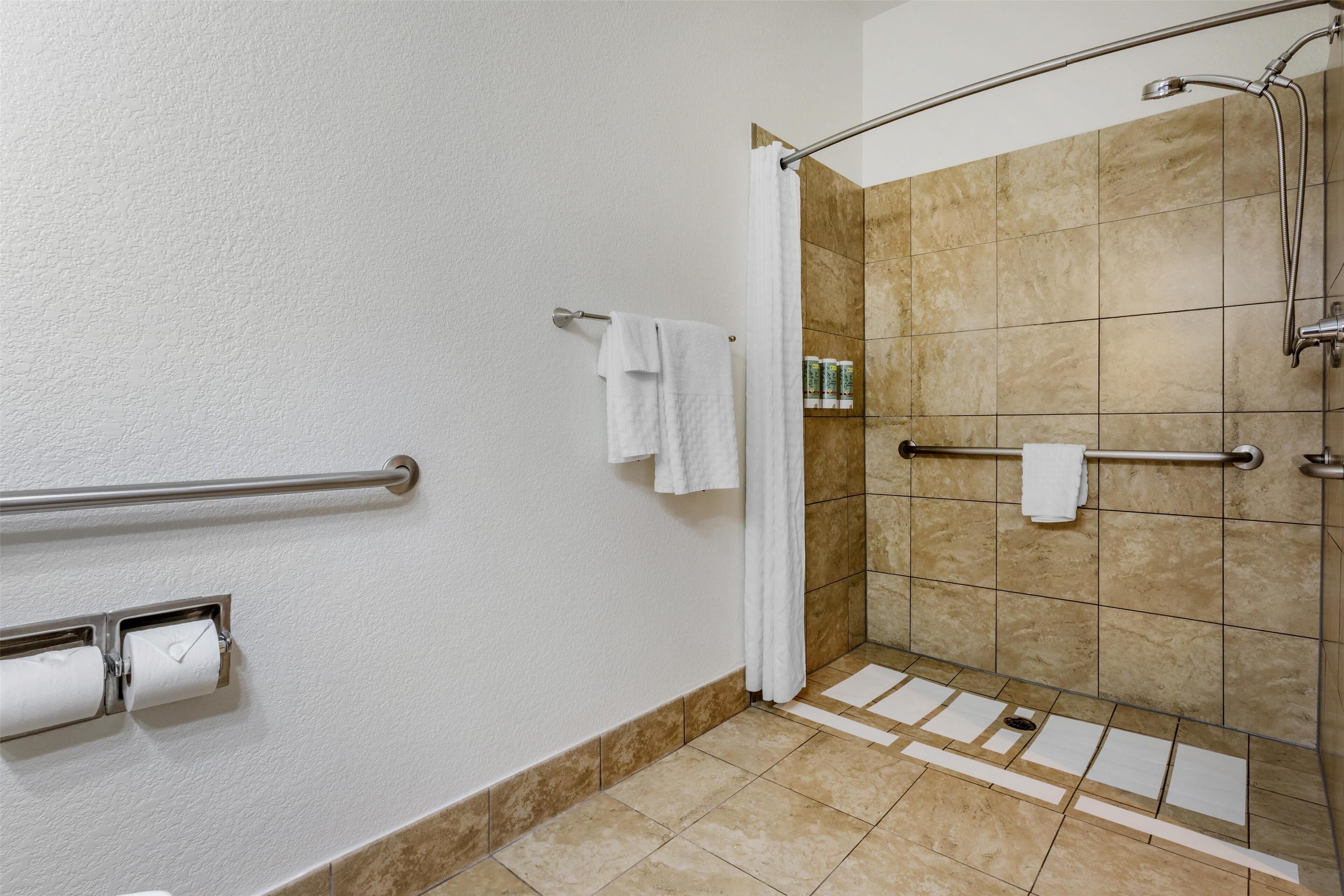 standard room, 1 king bed, accessible, non smoking | bathroom | combined shower/bathtub, free toiletries, hair dryer, towels