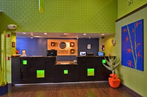 Zona de recepción de hotel con diseño moderno, que incluye un mostrador de recepción, un cartel de 'Comfort Inn & Suites' y una gran planta en maceta.