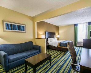 Une chambre d’hôtel avec un lit, un canapé, un bureau et une chaise.
