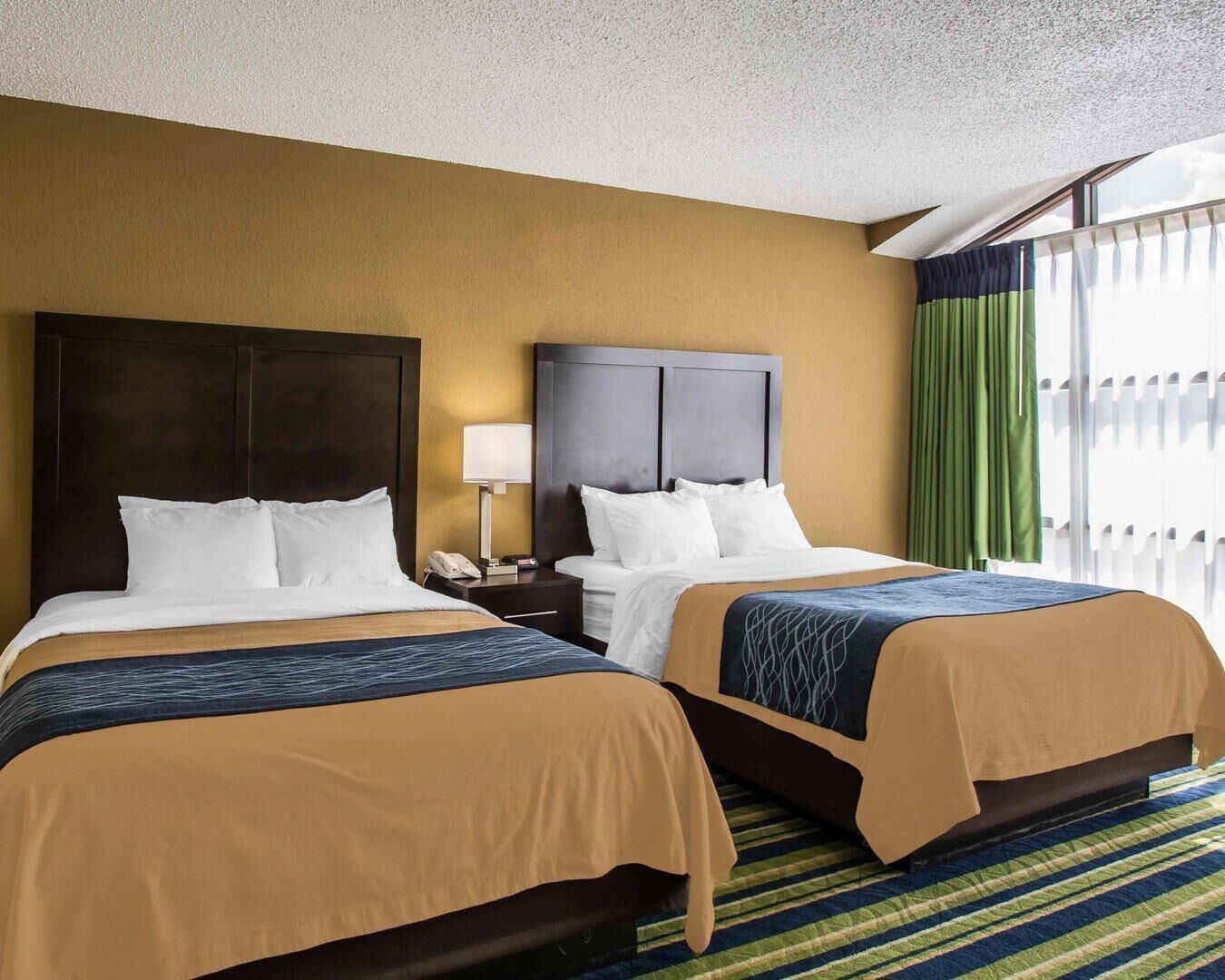 A hotel room with two beds, a nightstand with a lamp, and a view of the outside through a window with curtains.