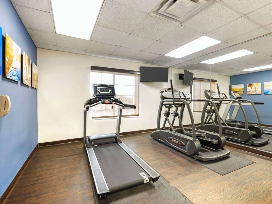 Ein Fitnessraum mit Laufbändern, einem Ergometer und einem an der Wand montierten Fernseher.