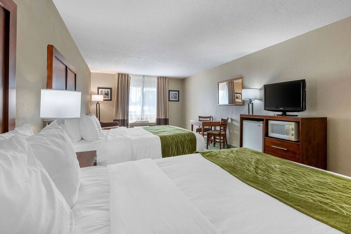 A hotel room with two beds, a desk with a chair, a television, and a microwave.