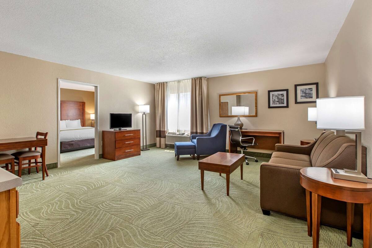 A hotel room with a bed, a desk, a chair, a sofa, a TV, a lamp, and a carpeted floor.