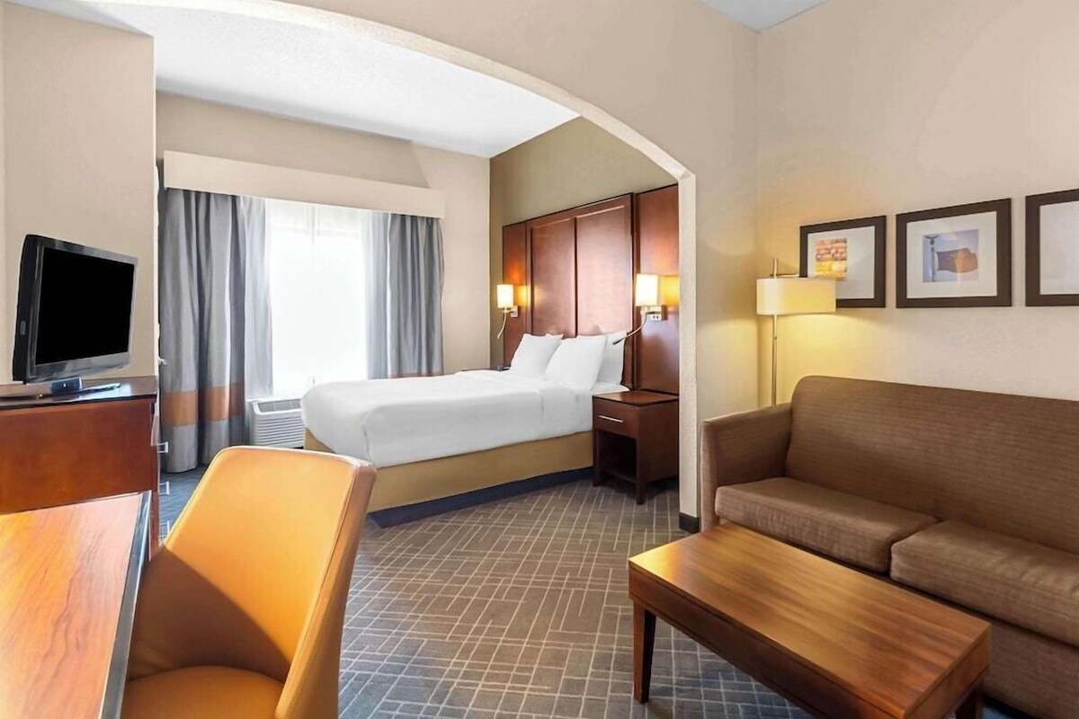 A hotel room with a bed, a TV, a sofa, a desk, and a lamp.