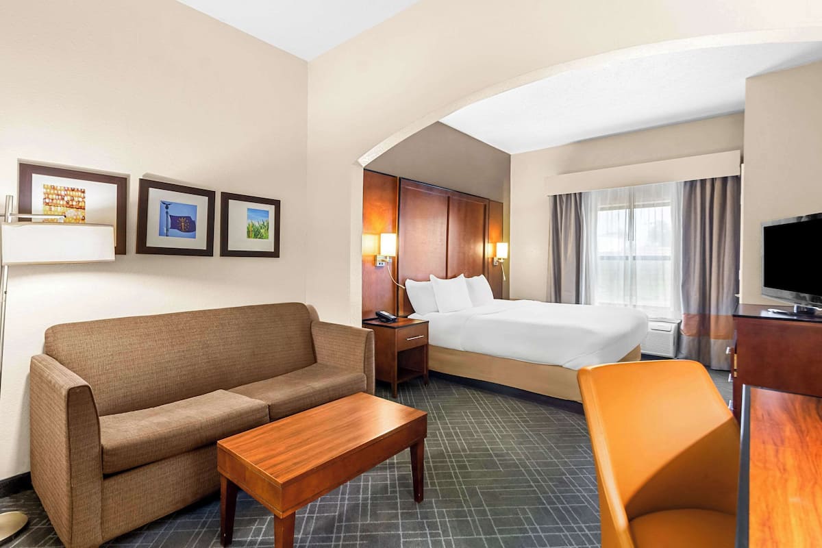 A hotel room with a sofa, a bed, a desk, and a television.