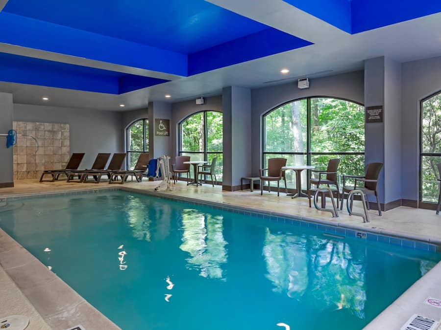 Indoor pool, open 10:00 AM to 10 PM, sun loungers