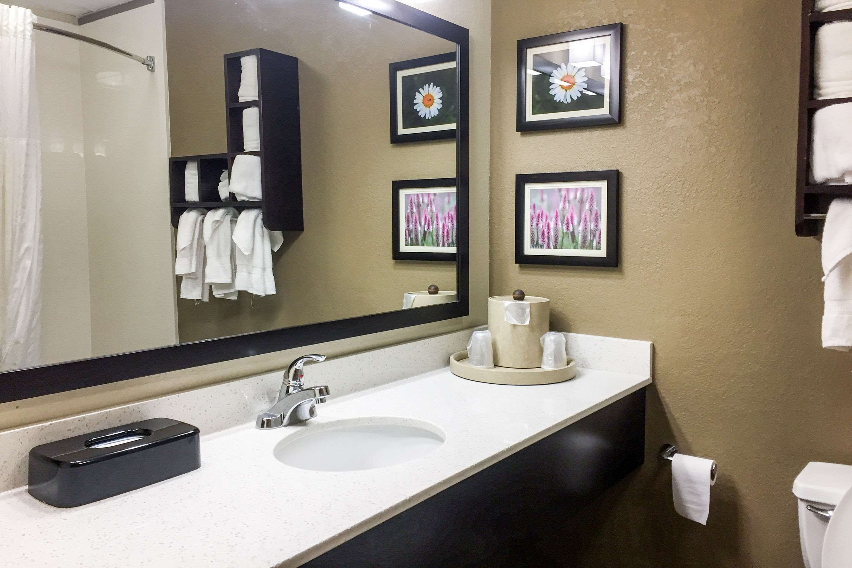 A bathroom with a sink, mirror, towel rack, and framed pictures on the wall.