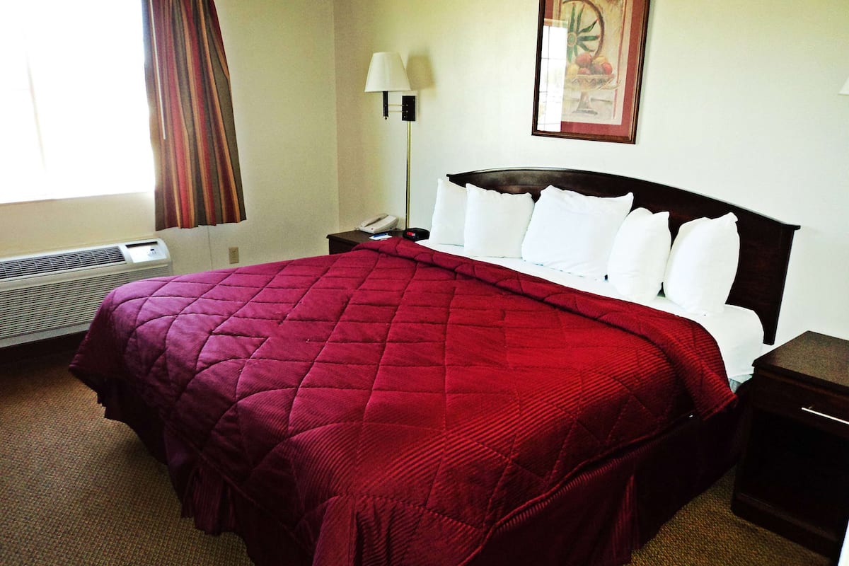 Une chambre d’hôtel avec un lit, une table de chevet, une lampe, un tableau encadré au mur et une fenêtre avec des rideaux.